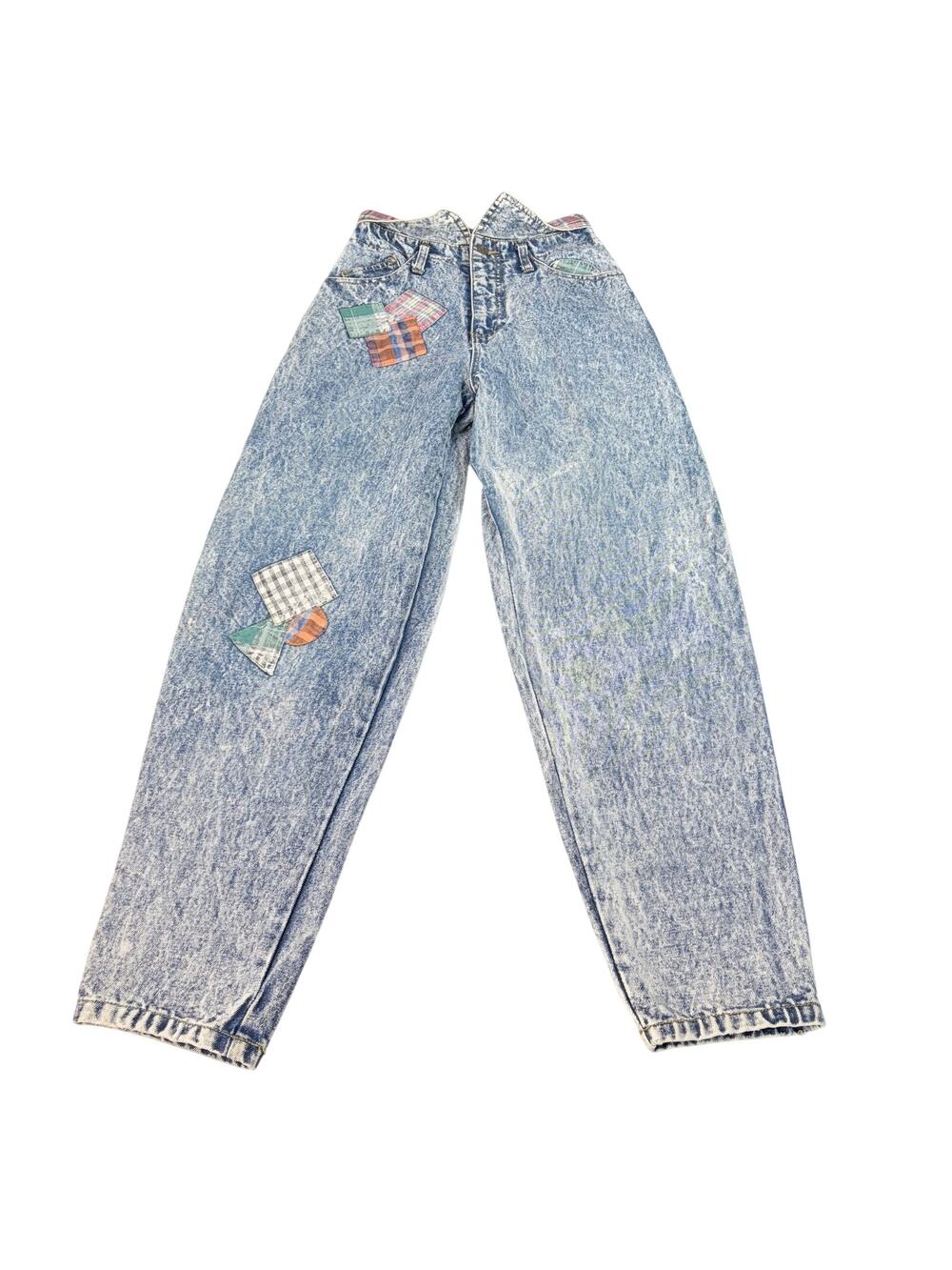 VTG Rio womens high waist stonewash plaid patchwork jeans. Size 7. 1980s, 1990s